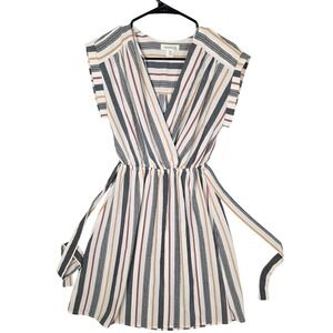 Monteau Los Angeles Striped Midi Dress Low V-Neck Tie Waist